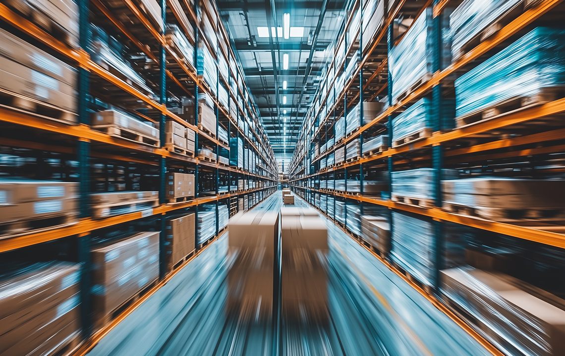 Warehouse aisle stocked with materials and assemblies