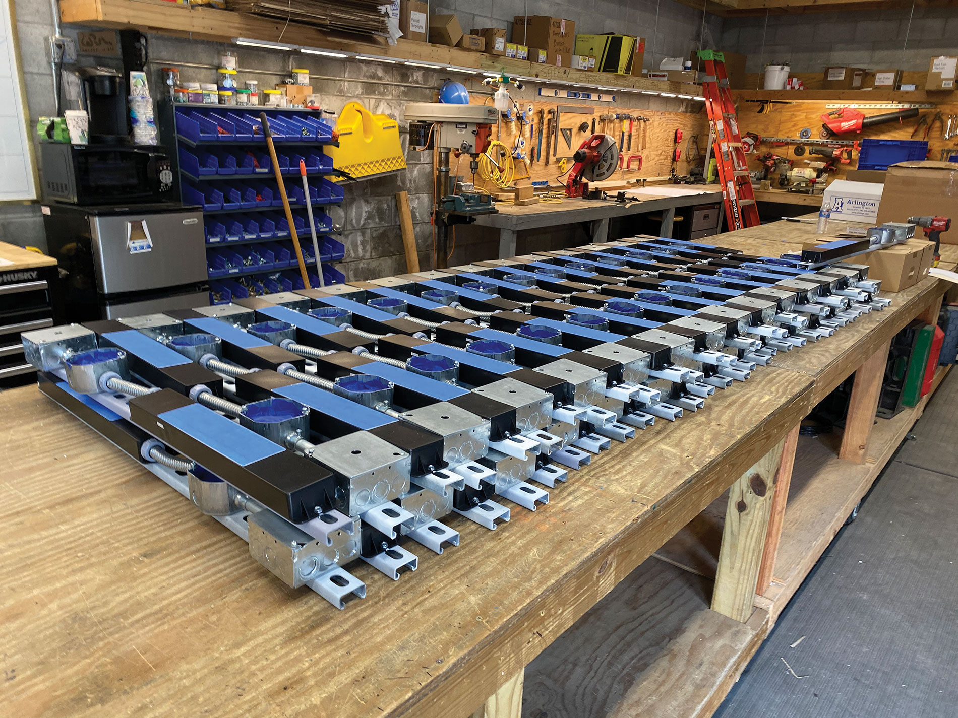 Prefab assemblies staged on a workbench