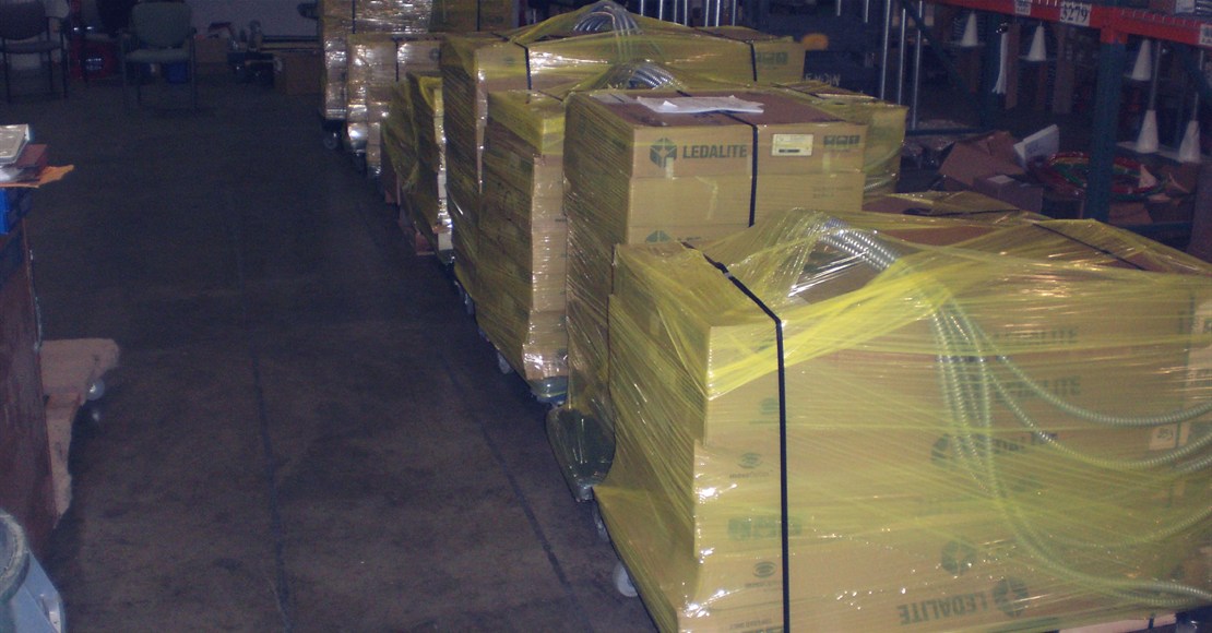 Wrapped prefab packages staged for delivery
